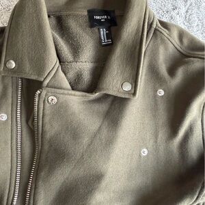 Forever 21 Men's Olive Green Moto-Style Jacket with Silver Hardware